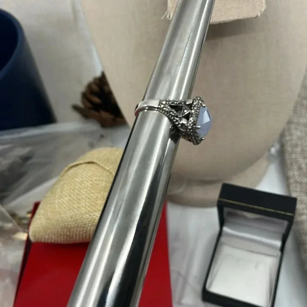 💎 Rare QVC Sterling Silver Gray Chalcedony & Marcasite Ring - Size 7 - Picture 16 of 17